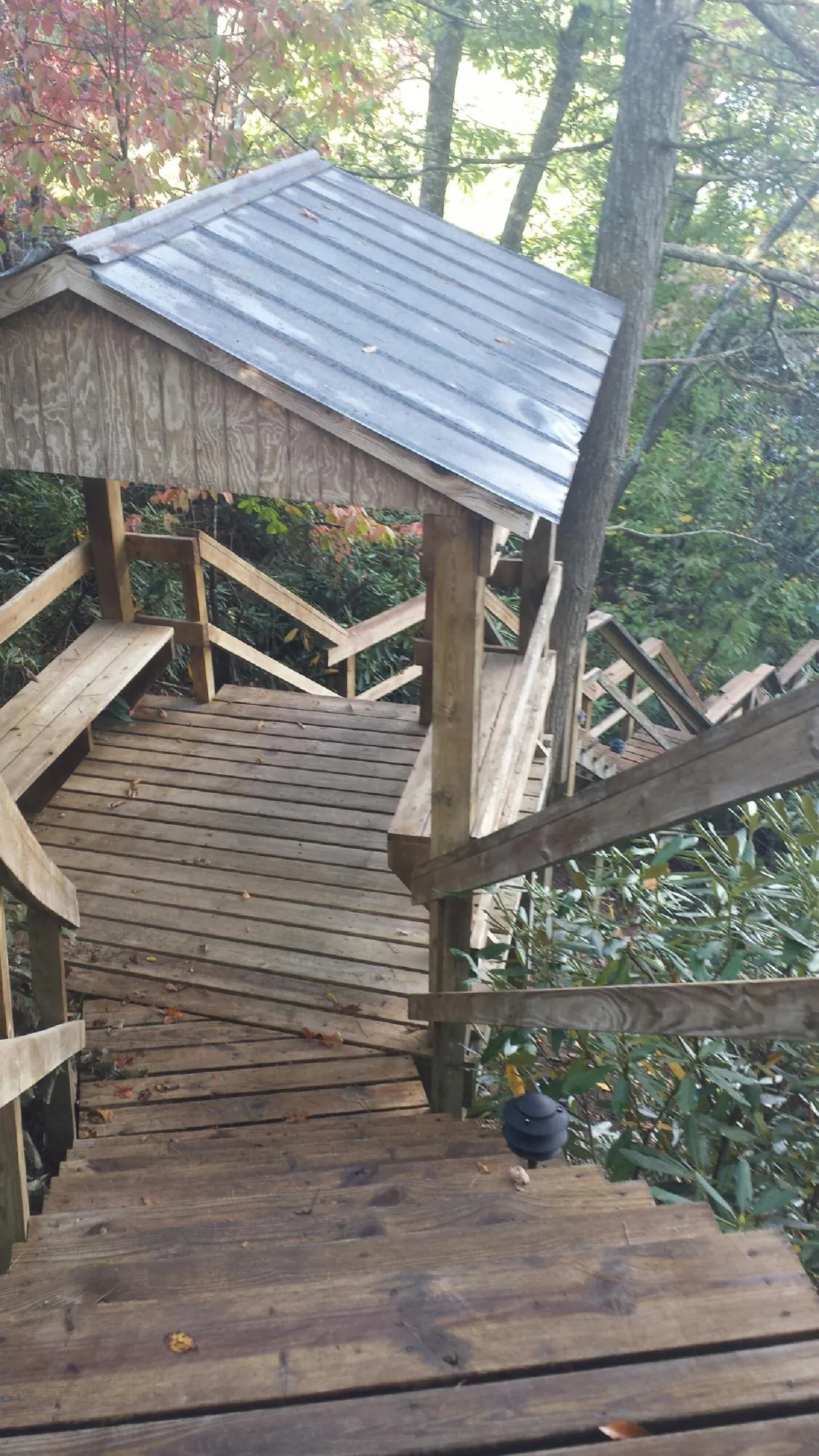 Metal roofed shelter over wooden steps on a wooded walkway — Skylight Repair & Installation work by our crew in Hoskins